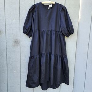 Poplin Tiered Cotton Midi Dress Size Large Black High-Low Summer Modest Flowy